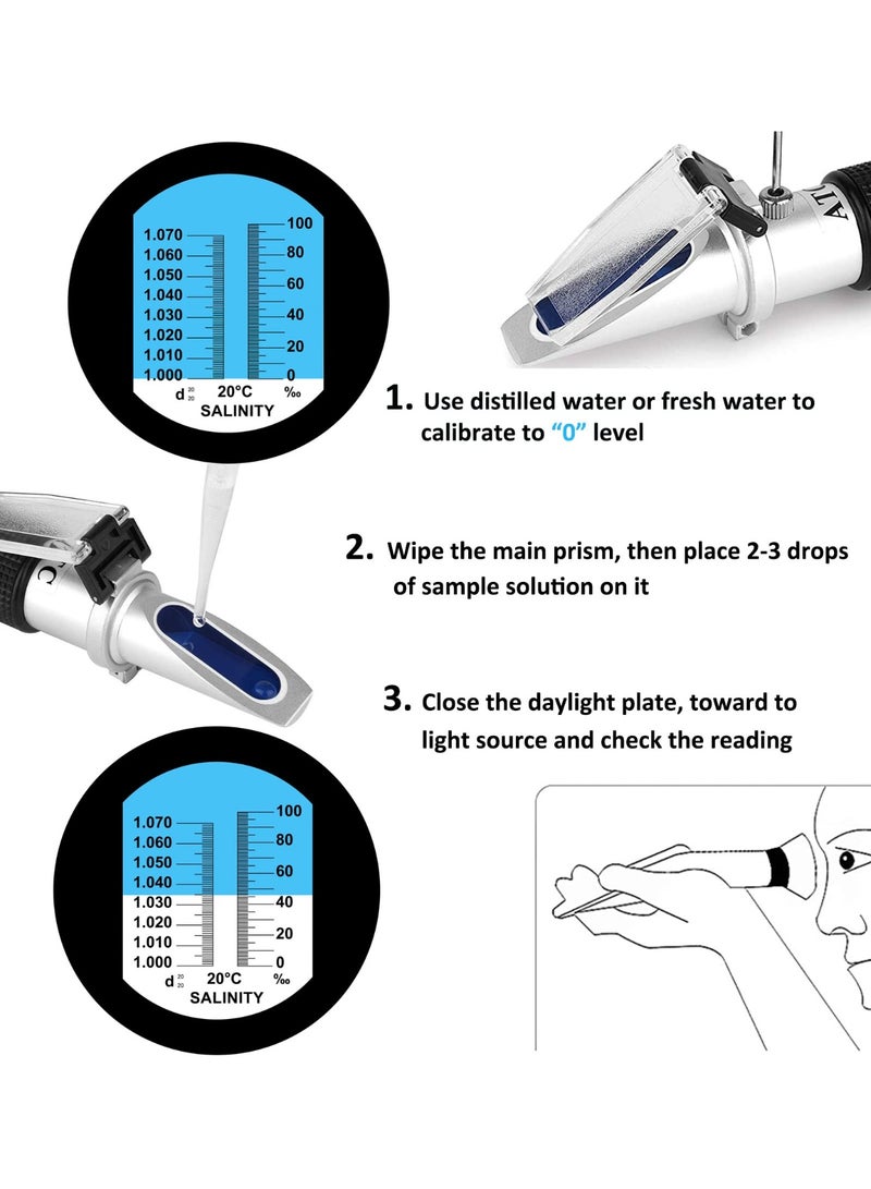 Salinity Refractometer for Aquarium, Marine Monitoring, Saltwater Testing, Dual Scale Salinity Tester 0-100 PPT 1.000-1.070 Specific Gravity Saline Seawater Refractometer Hydrometer with - Image 2